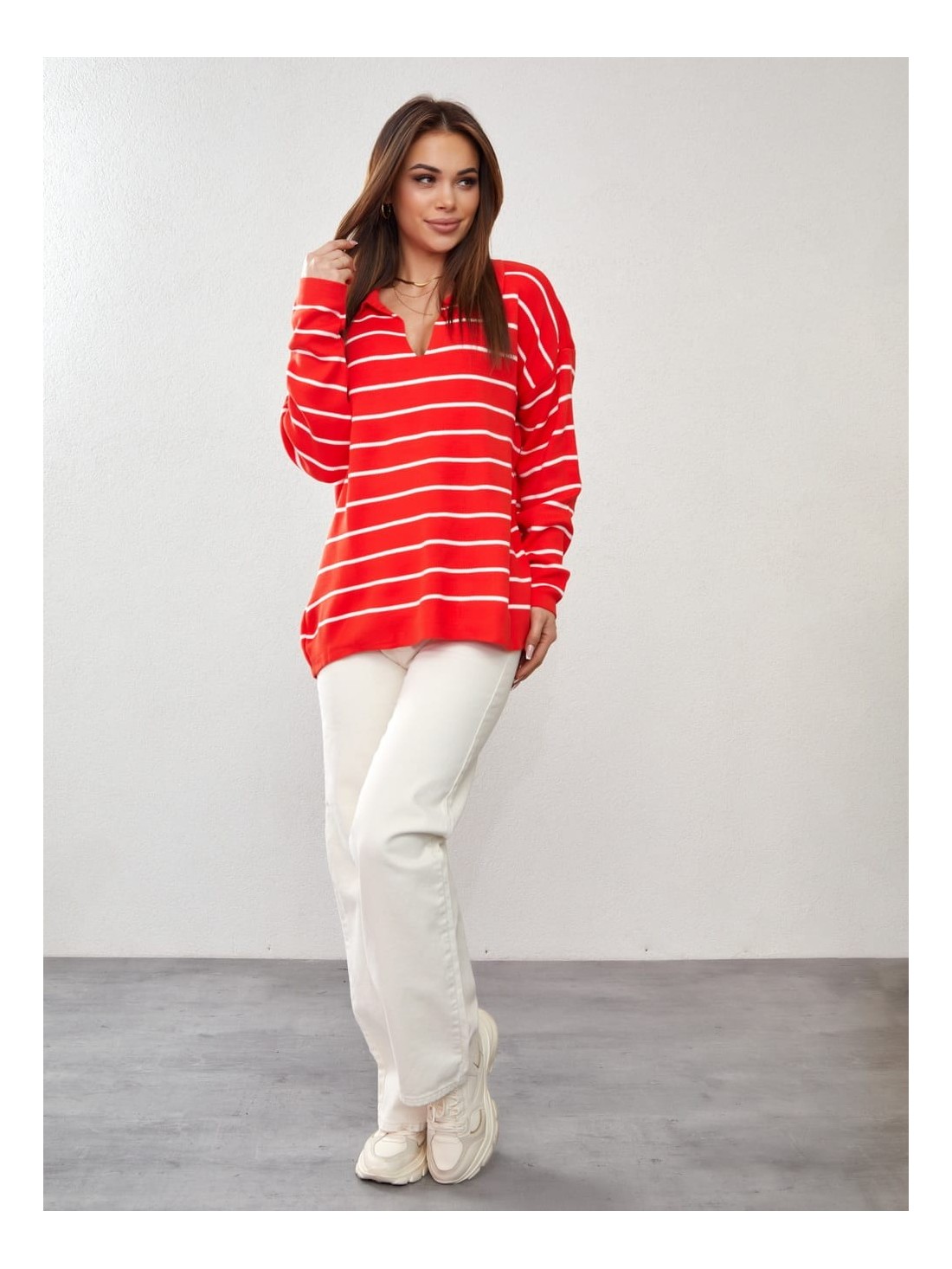 Oversized thin sweater with a collar, brick red 0583 - Online store - Boutique